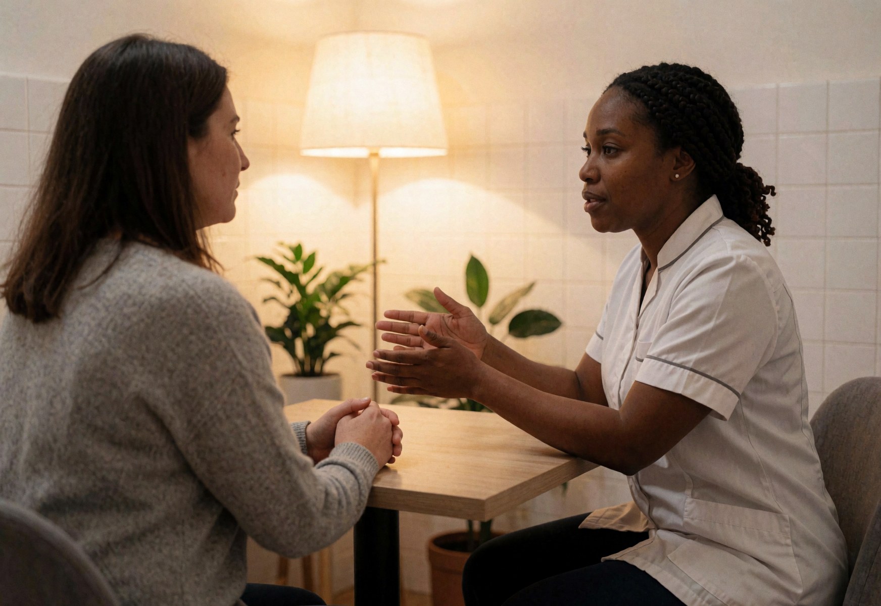 A therapist in a white uniform uses hand gestures to explain something to a seated client at a wooden table.