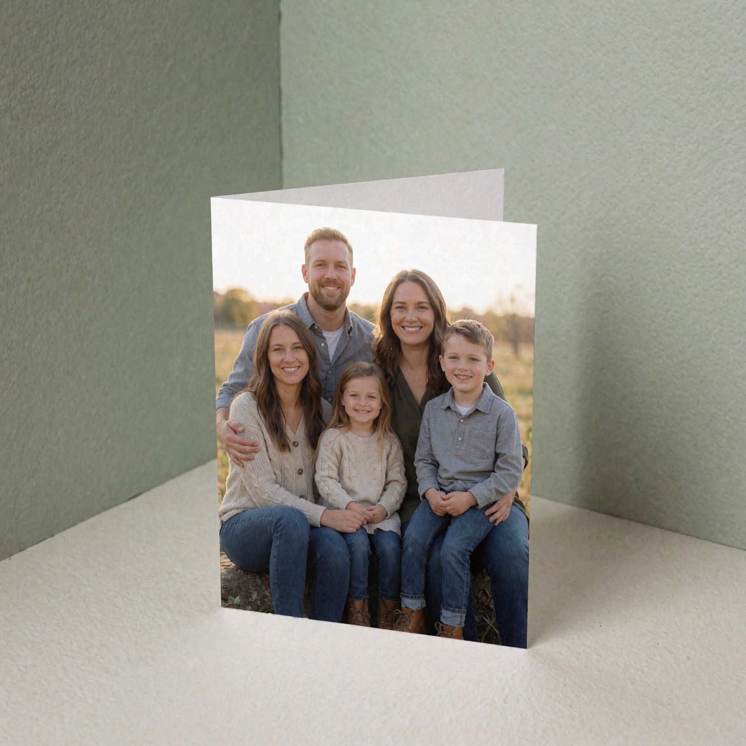 A family portrait displayed on a greeting card, set against a soft sage green wall with gentle lighting.