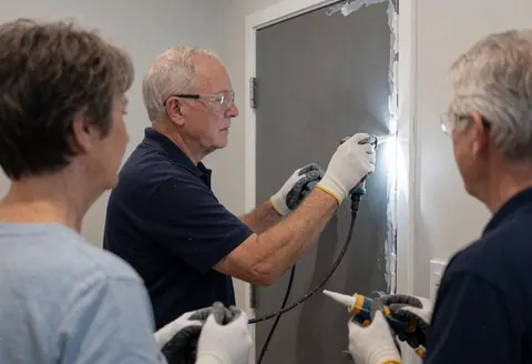 A worker applies white sealant to a gray steel door frame while two colleagues observe the installation process.