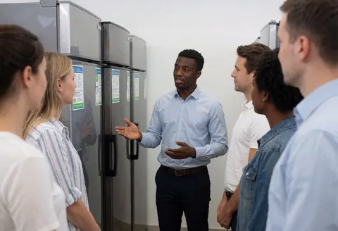 A salesperson explains features of commercial refrigerators with energy labels to customers in an appliance store.