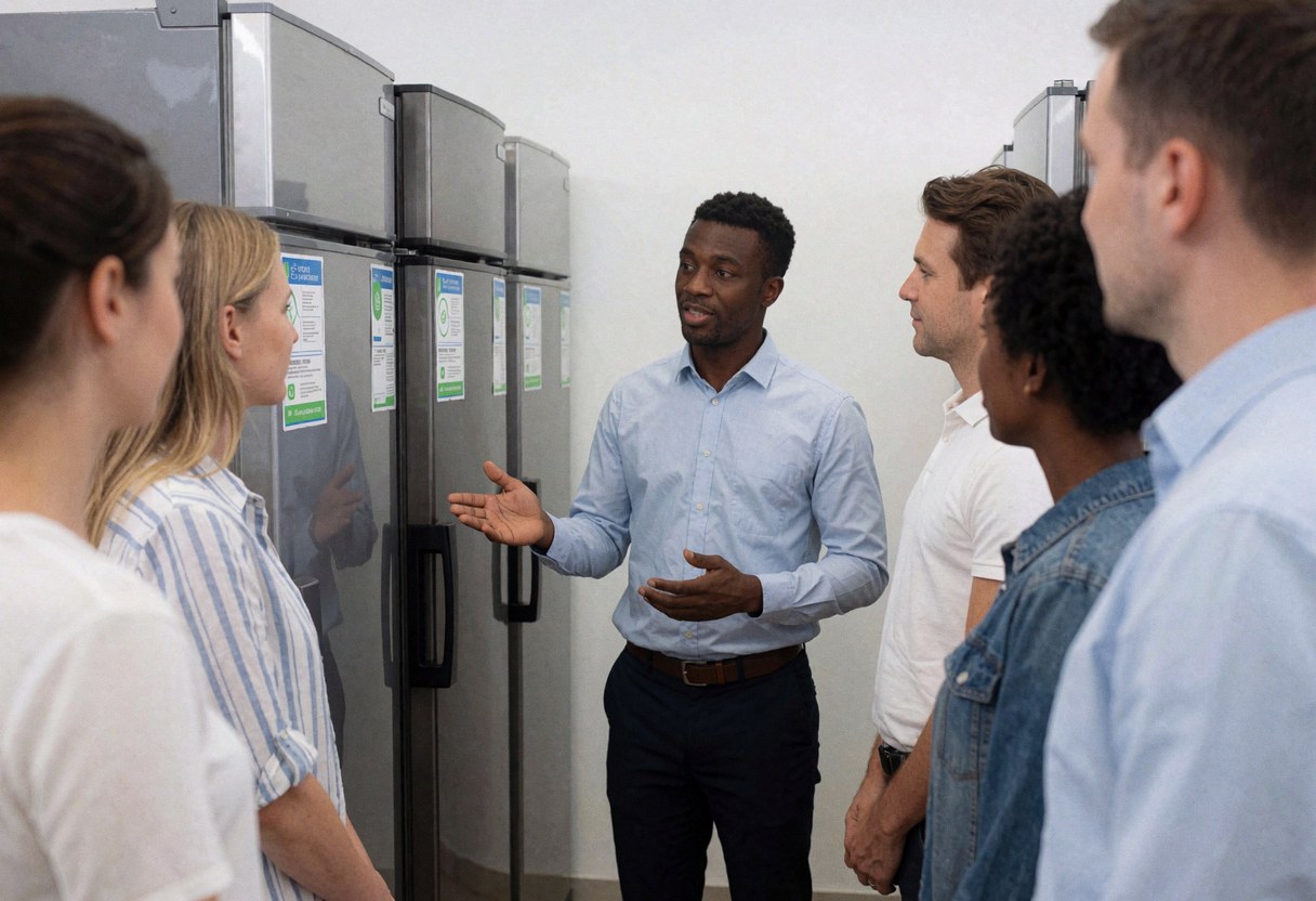 A salesperson explains features of commercial refrigerators with energy labels to customers in an appliance store.