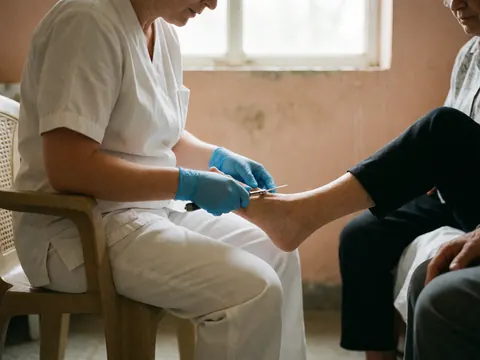 A professional wearing blue gloves trims a patient's toenails using scissors in a health center with a terracotta wall and natural light.