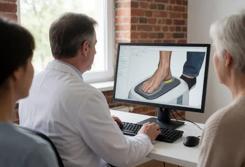 Podiatrist in white coat examines a 3D foot scan displayed on a monitor in a modern clinic with brick walls.