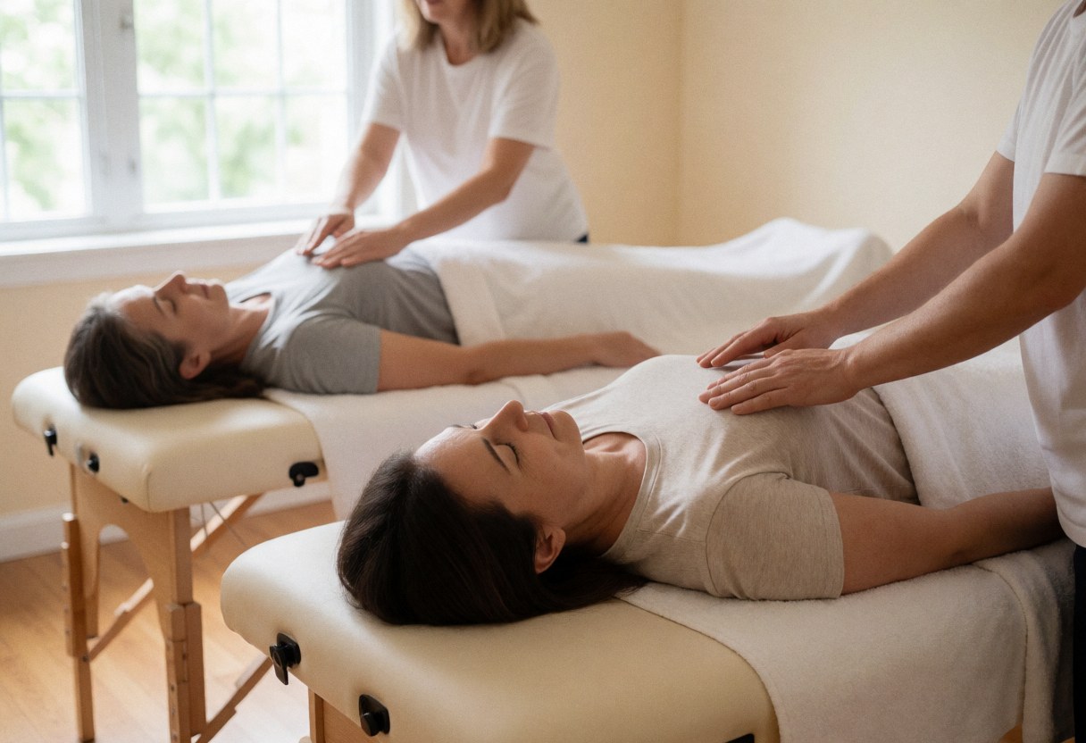 Reiki treatment in action with therapists attending to clients on massage beds near beige walls and natural light