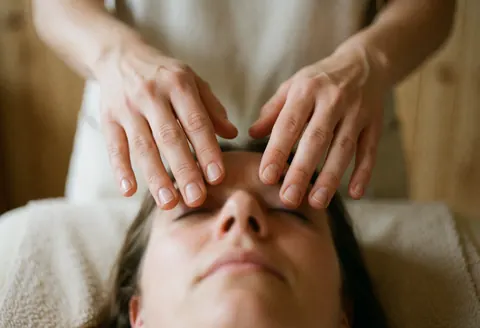 Therapist hands performing reiki healing on a client's forehead in a calm room with light wood walls and natural light