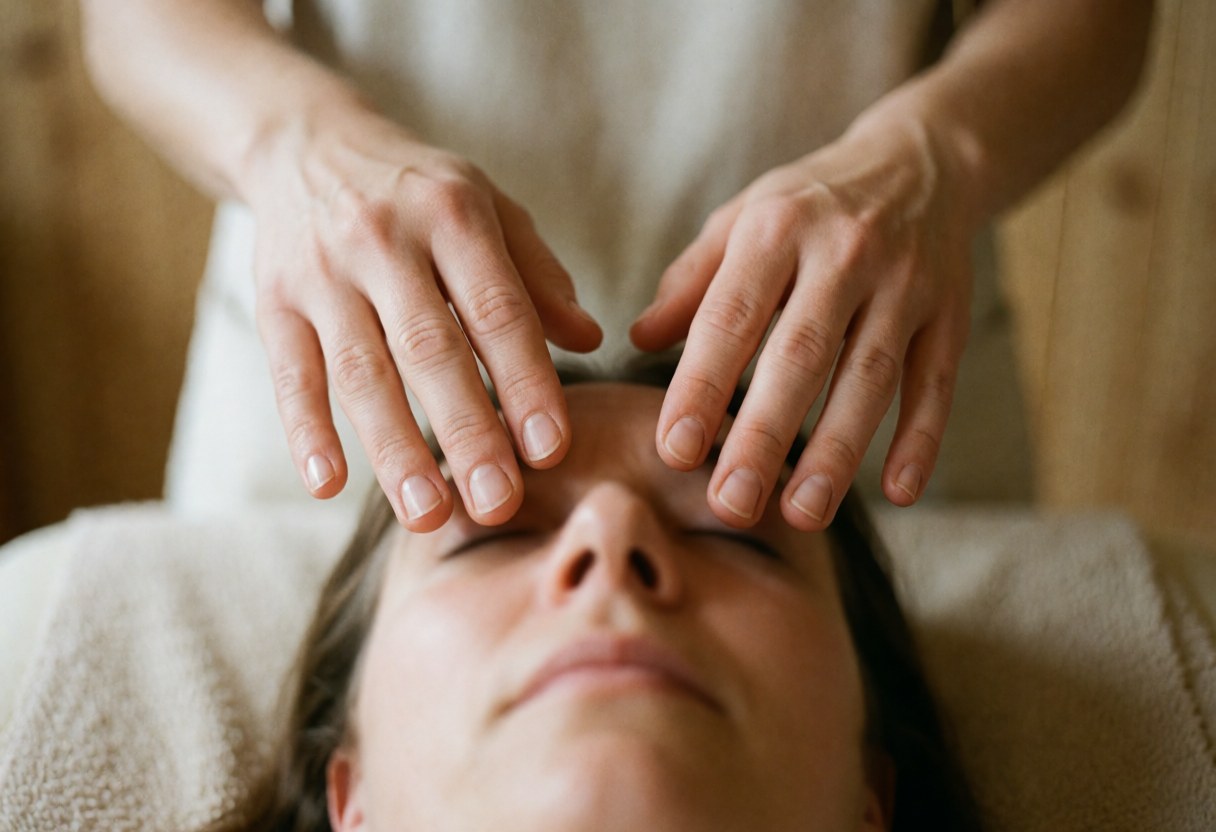 Therapist hands performing reiki healing on a client's forehead in a calm room with light wood walls and natural light