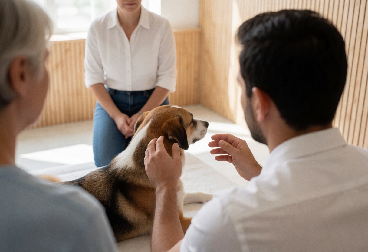 A professional performs a reiki healing session with a relaxed dog in a bright room with light wood walls and natural light while others observe.