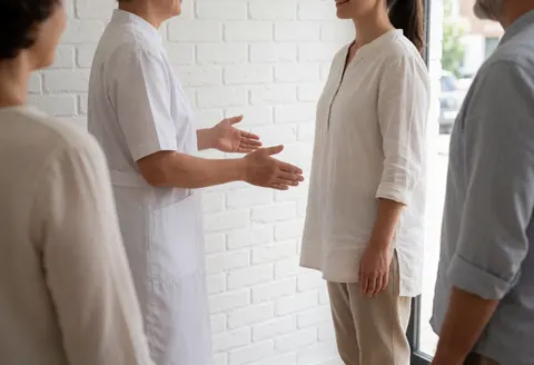 A Reiki practitioner welcomes a client in a bright center with white brick walls and natural light.
