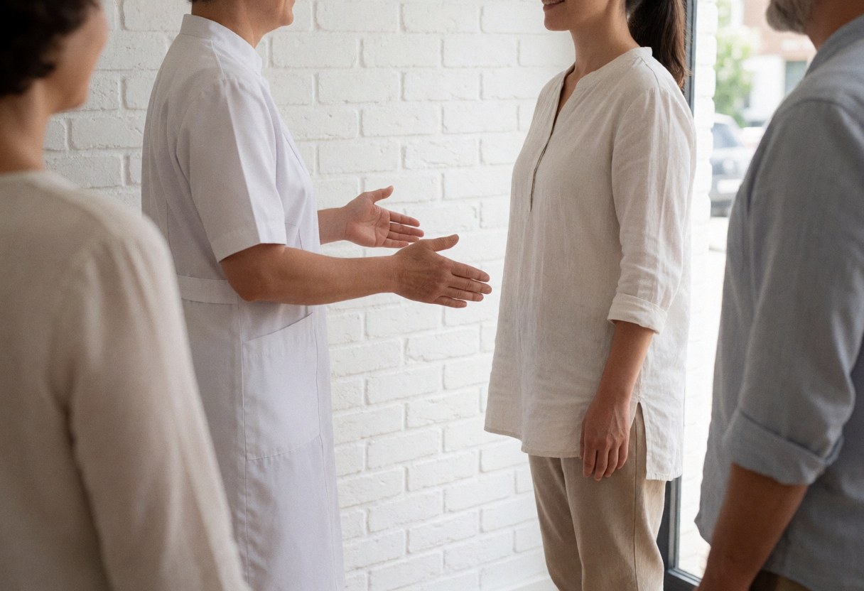 A Reiki practitioner welcomes a client in a bright center with white brick walls and natural light.