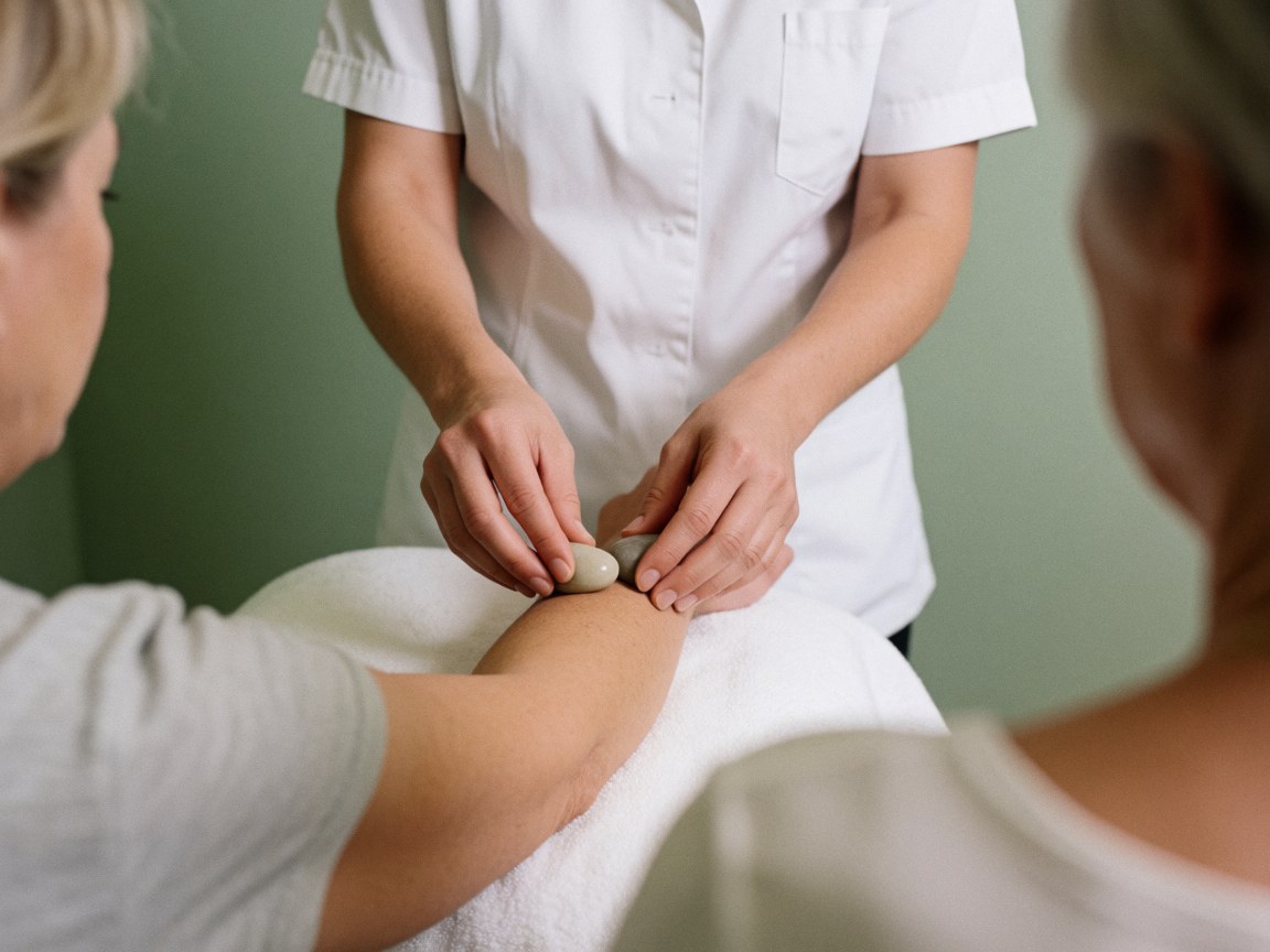 Therapist's hands positioning heated stones on a client's arm covered by a towel against a sage green wall with soft lighting
