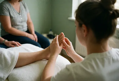 A reflexologist massages a client's foot on a white table in a room with green walls and natural light.