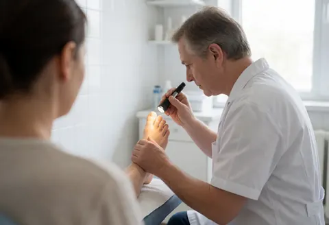 A podiatrist uses a flashlight to examine a patient's foot in a clinic with white tiled walls.
