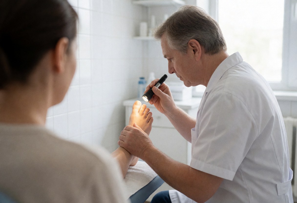 A podiatrist uses a flashlight to examine a patient's foot in a clinic with white tiled walls.