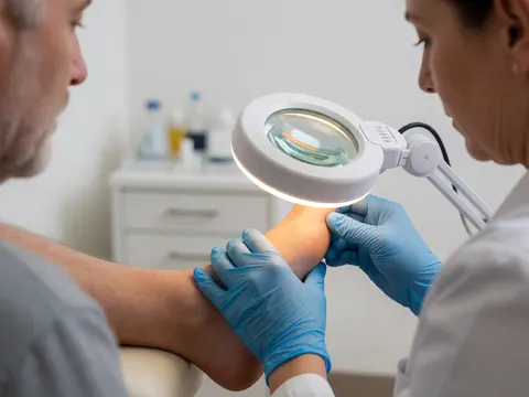 A podiatrist wearing blue gloves uses a medical magnifying glass to examine a patient's foot in an exam room with focused lighting.