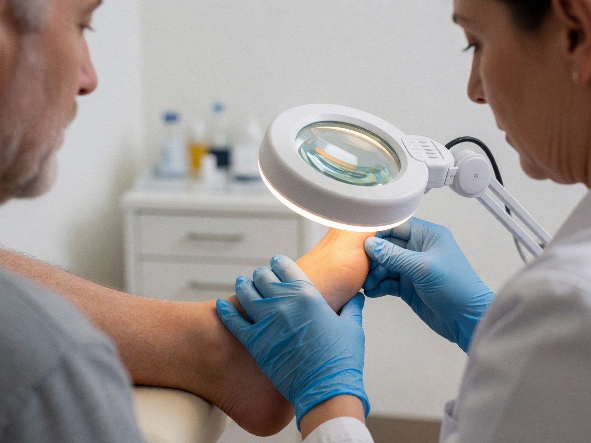 A podiatrist wearing blue gloves uses a medical magnifying glass to examine a patient's foot in an exam room with focused lighting.