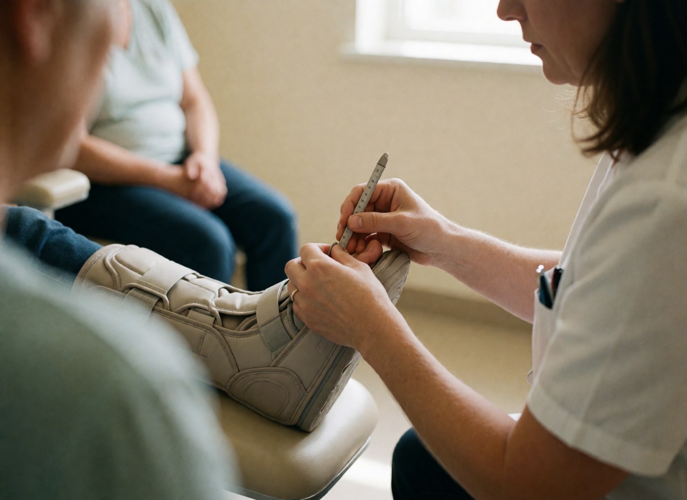 Professional measuring a beige postoperative shoe with a tool in a clinic with beige walls and natural light
