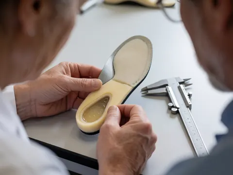 Close-up view of a detailed shoe inlay with gel and foam being measured with a caliper in a podiatry workshop.