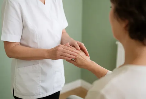 Therapist in white uniform applying a hand massage to a seated client against a green wall with natural light, representing reiki service.
