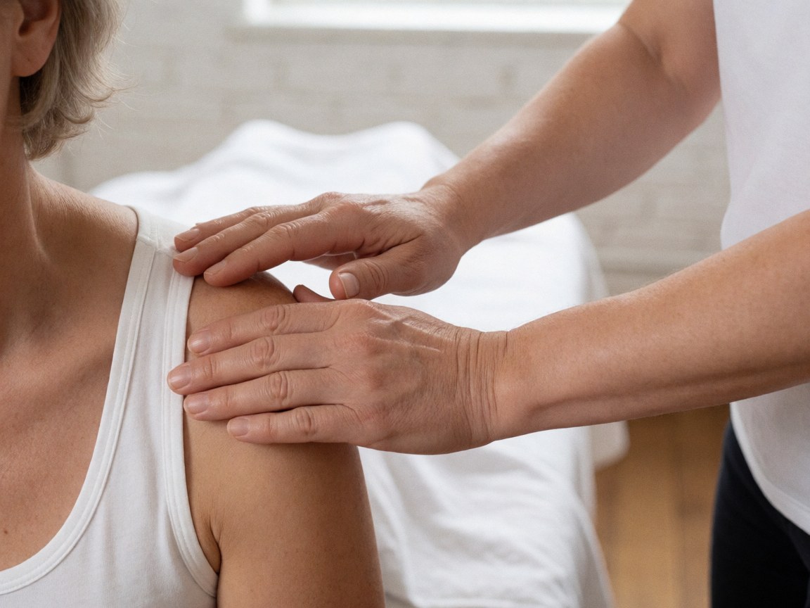 Close-up of hands giving a shoulder massage in a bright therapy center with white brick walls and light wood accents.