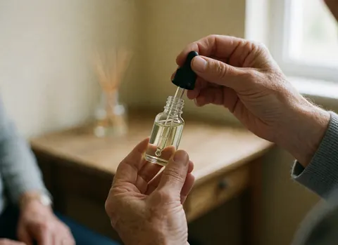 Close-up of hands holding a glass dropper bottle near a wooden reiki diffuser in natural light for wellness business use