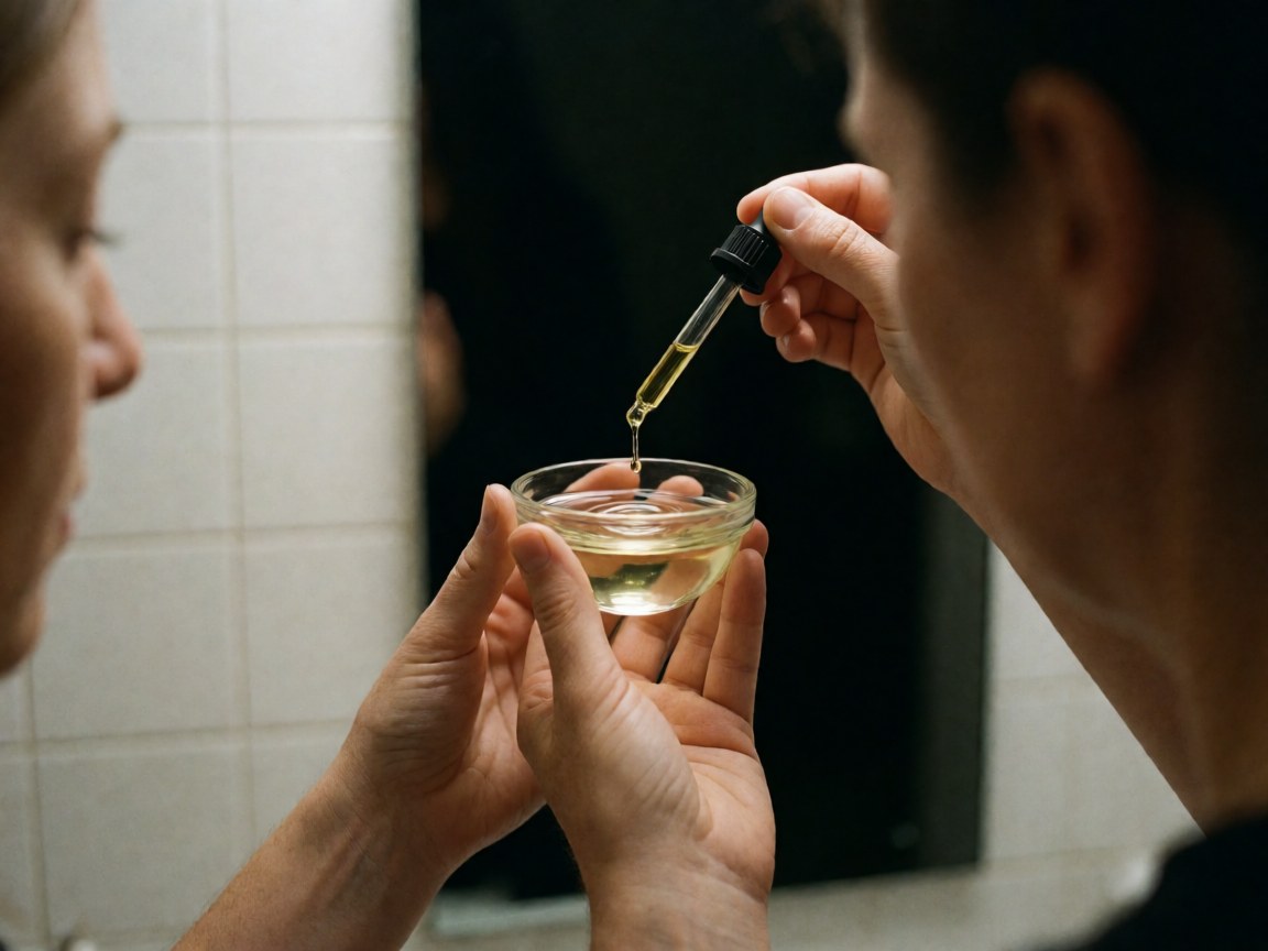 Close-up view of hands using a glass dropper to dispense essential oil drops into a water-filled bowl for aromatherapy treatment