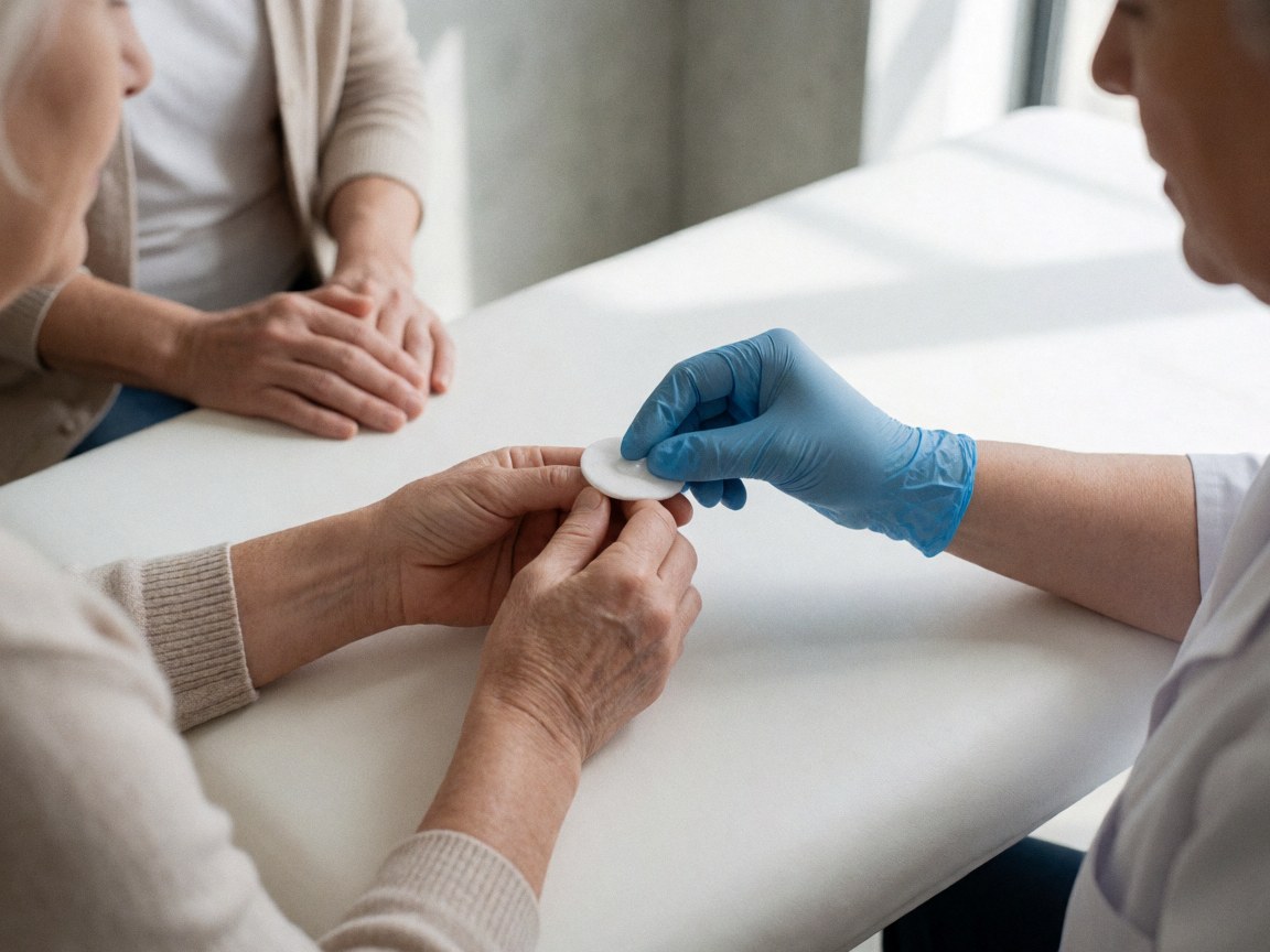 Close-up view of a podiatrist wearing blue gloves applying therapeutic gel to a patient's foot during a professional treatment session.
