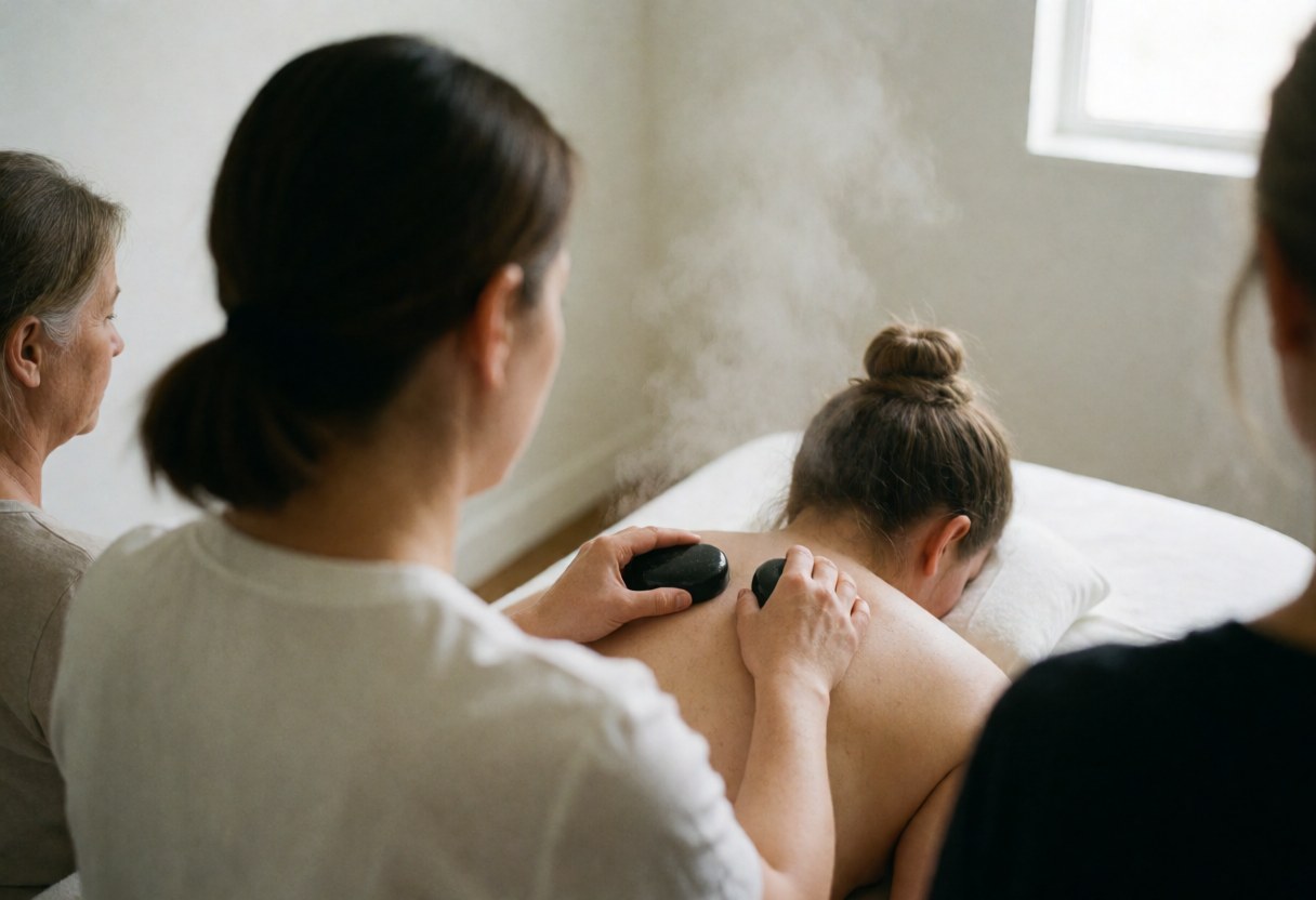 Therapist applying hot basalt stones to a client's back on a massage table with steam and white walls in a relaxing spa setting