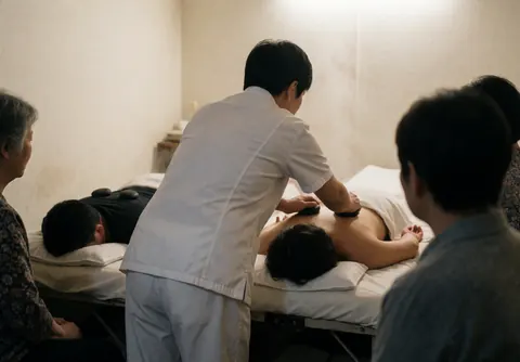 Professional massage therapist places heated stones on a client's back during a spa treatment session in a calm interior setting.