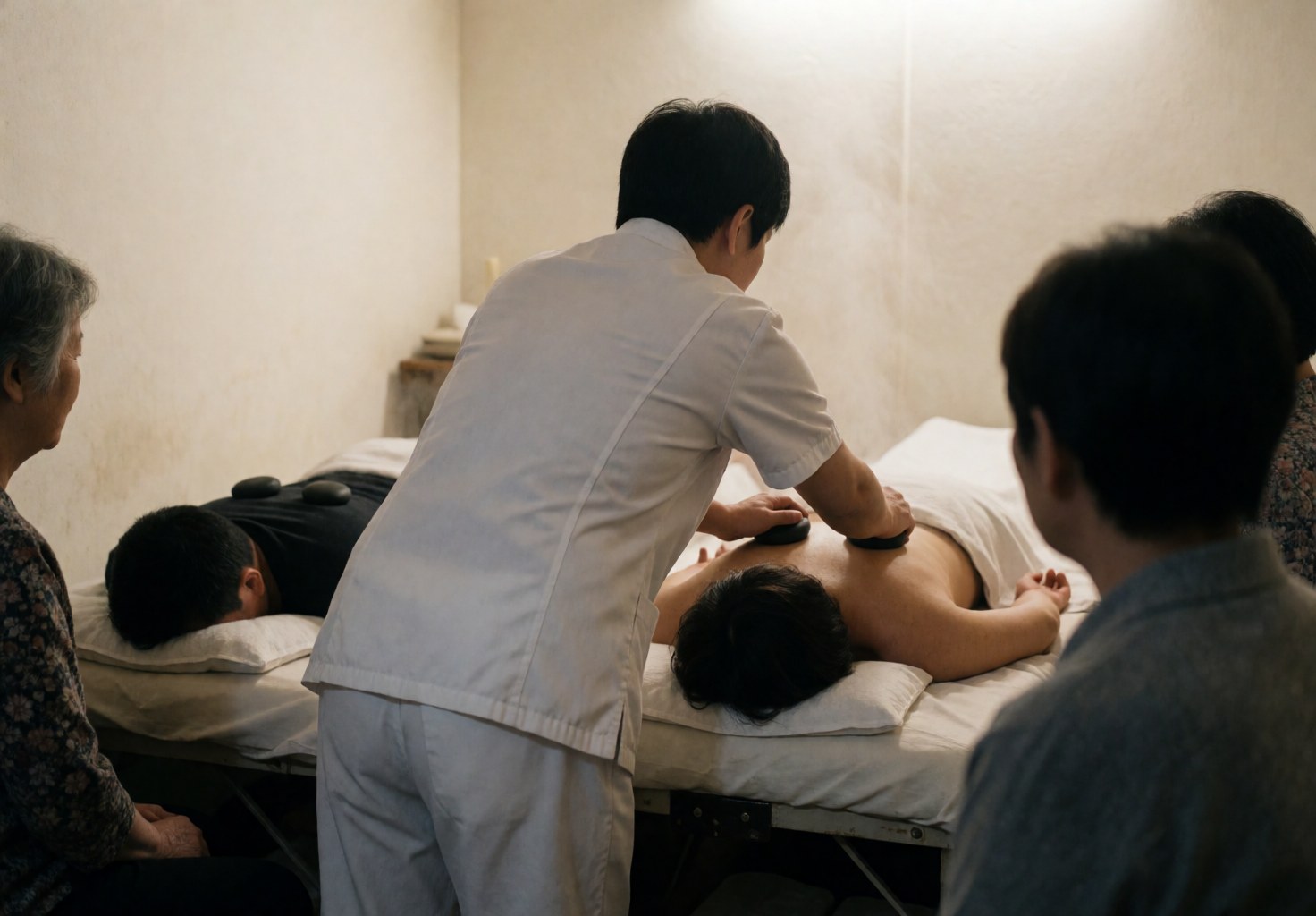 Professional massage therapist places heated stones on a client's back during a spa treatment session in a calm interior setting.