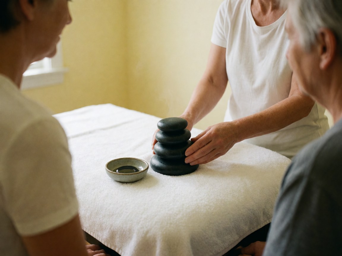 Therapist hands placing hot stones on a white towel with essential oil nearby in a yellow-walled massage room
