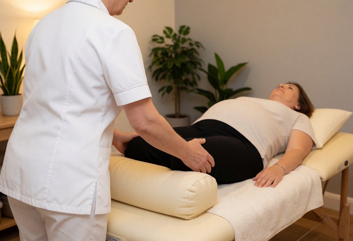 Reflexologist placing a cushion under a pregnant client's knee during a relaxation session in a calm room with plants and warm lighting.