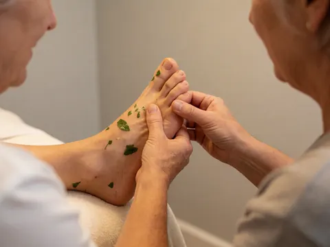 Therapist massaging a client's foot with green leaves and oil in a reflexology salon with light gray walls