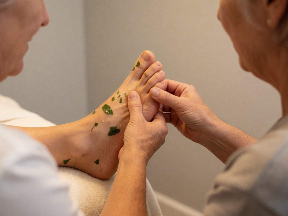 Therapist massaging a client's foot with green leaves and oil in a reflexology salon with light gray walls