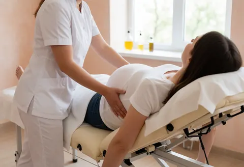 A therapist in white uniform massages a pregnant woman's back on a table with natural light and oil bottles nearby.