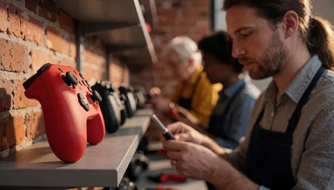 Close-up view of a red video game controller resting against a textured brick wall in a repair workshop setting.