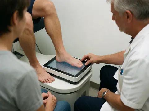 Podiatrist adjusting a digital grid plate under a client's foot during a medical consultation with a white background.