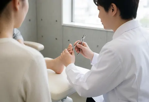 A podiatrist uses nippers to treat a foot in a clinic with concrete walls and natural light.