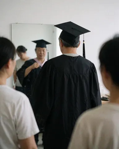 A smiling graduate wearing a cap and gown examines their attire in front of a mirror during preparation.