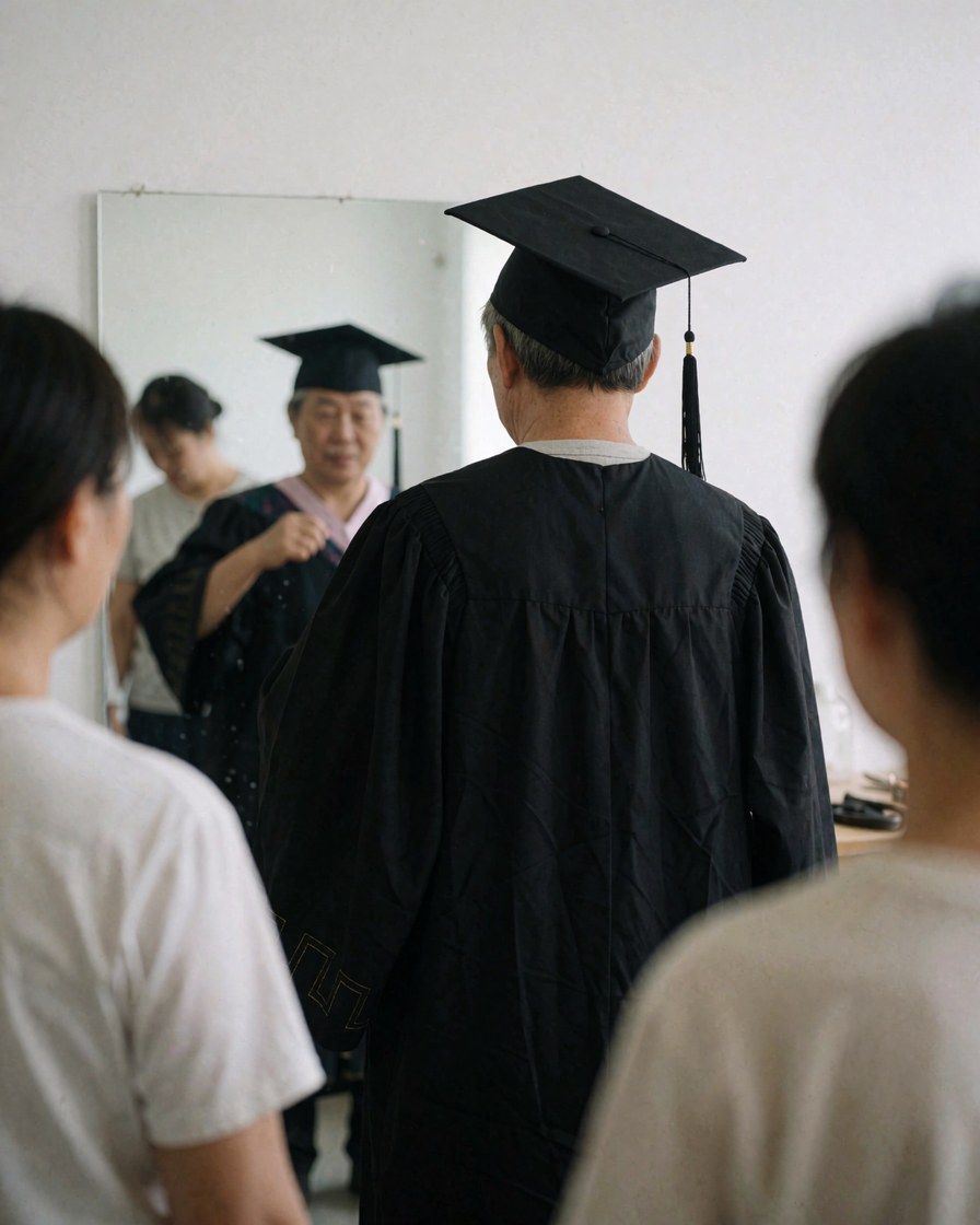 A smiling graduate wearing a cap and gown examines their attire in front of a mirror during preparation.