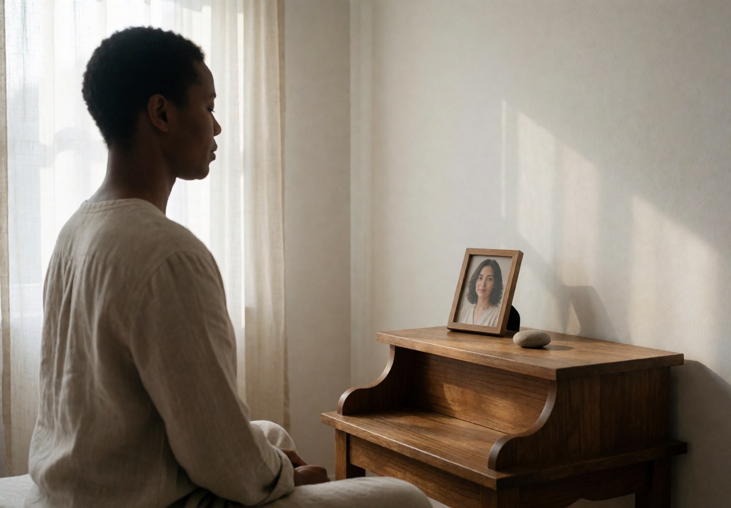 A person meditates in front of a wooden altar featuring a framed photo and a smooth stone, creating an energetic healing atmosphere.