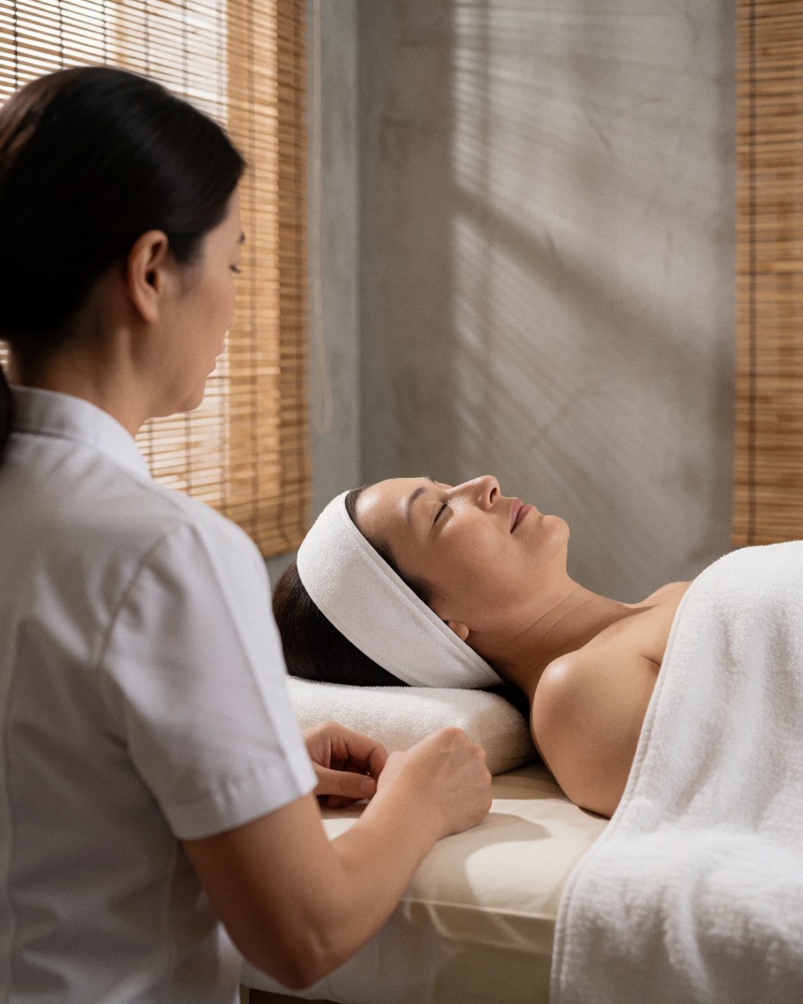 A therapist places heated stones along a client's back during a relaxing spa treatment in a serene bamboo-walled room.