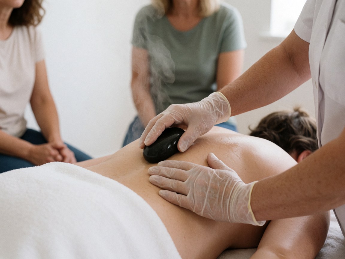 A therapist places a steaming hot stone on a client's back during a hot stone massage treatment in a white room