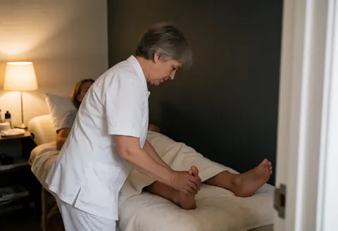 Therapist performs a foot massage for a client in a dimly lit room with warm ambient lighting.
