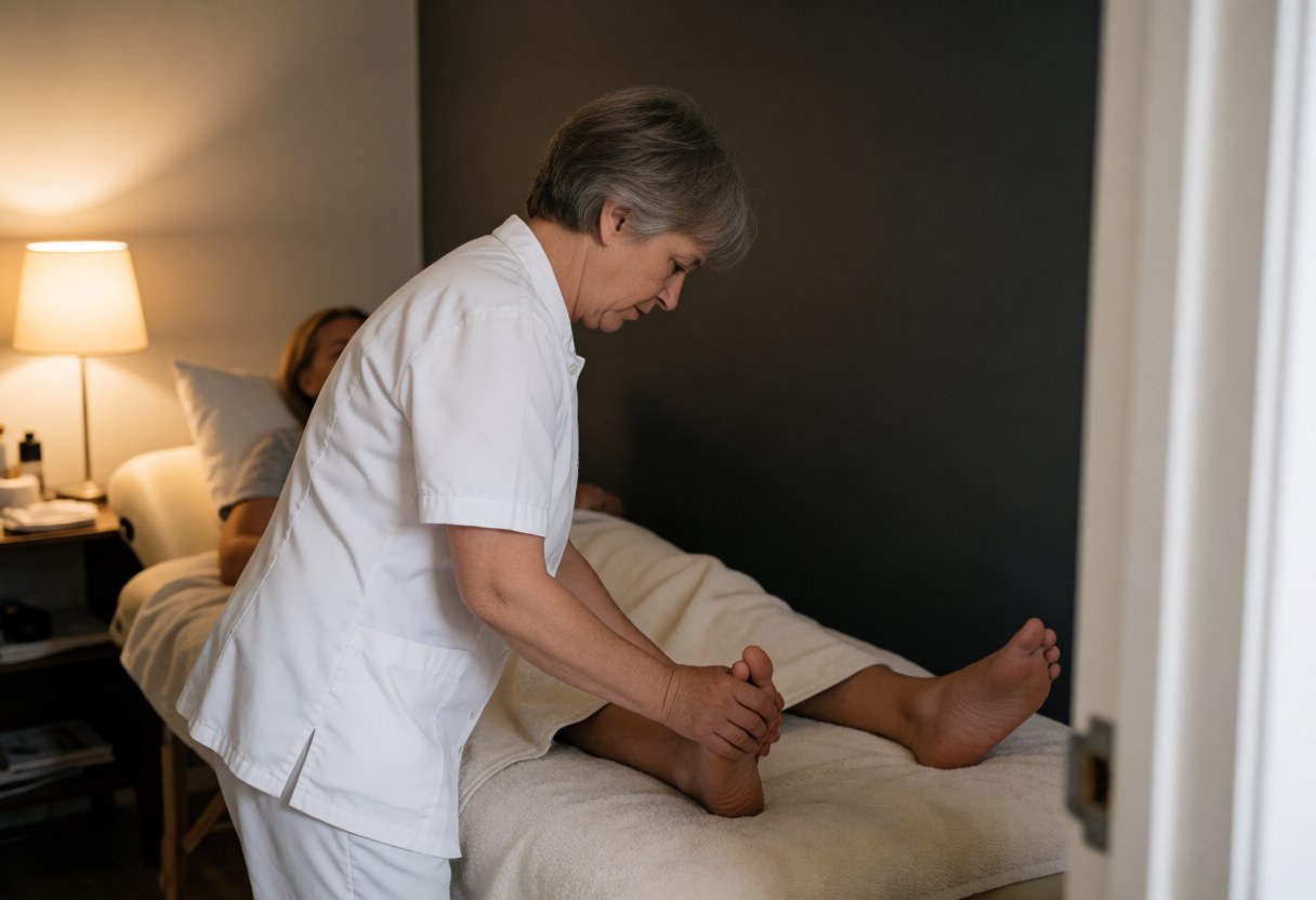 Therapist performs a foot massage for a client in a dimly lit room with warm ambient lighting.