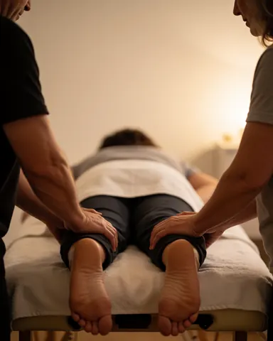 Therapists massaging a client's bare feet on a treatment table in a calm spa setting for reflexology services.