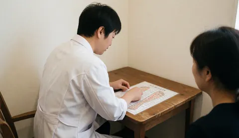 Reflexologist indicating a specific pressure point on a foot reflexology map displayed on a wooden table.