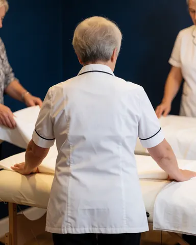 A reflexologist in a white uniform prepares a treatment table with fresh white sheets in a room with blue walls.