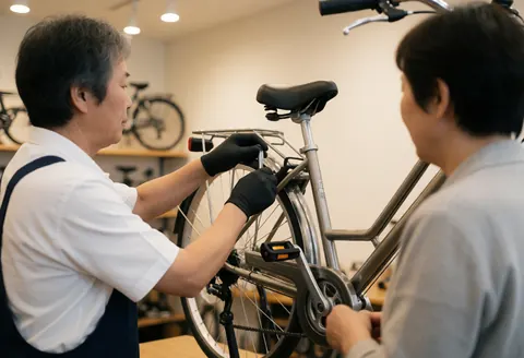 Mechanic in black gloves adjusts a city bike gear in a clean workshop with a customer observing the service.