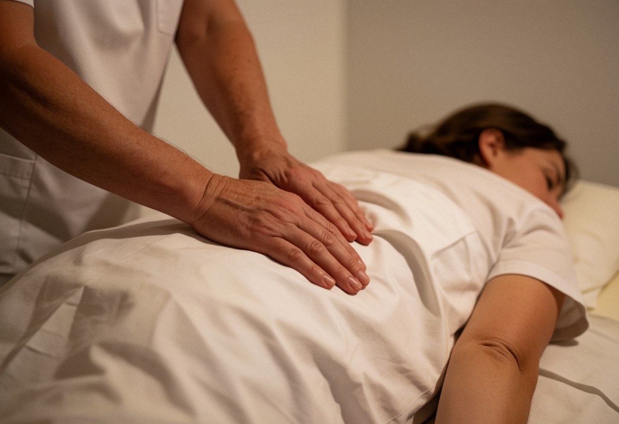 Close-up view of therapist's hands massaging a client's back on a white table in a bright spa setting.