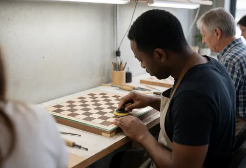 A craftsman uses a polishing tool on a decorative glass chess board in a workshop with concrete walls.